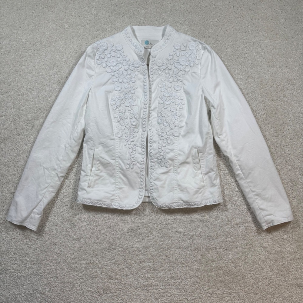 Boden Embroidered Jacket Womens 6 White Floral‎ Cotton Blend Hook Eye T0160 - Picture 2 of 13